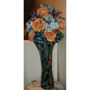   Blue Hydrangeas & Orange Rose Silk Floral Arrangement