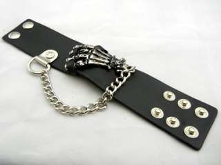 EMO Gothic Punk Biker Skull Ghost Hand Cuff Leather Bracelet Wristband 