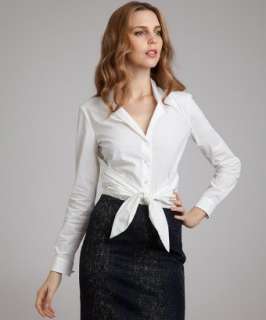 Gucci white stretch cotton tie front blouse  