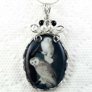 Owl Porcelain Cameo Pendant Sterling Silver Onyx  