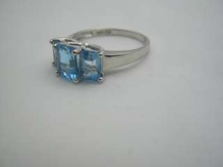10K White Gold Blue Topaz 3 Emerald Cut Stone Ring  