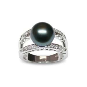 Size 8 18K white gold Leo Black Tahitian south sea cultured pearl and 