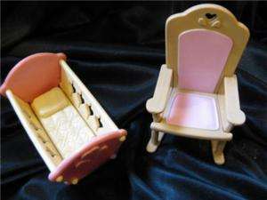 Older Fisher Price Dollhouse Rocking Chair +Baby Cradle  