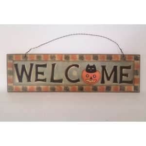 Halloween Welcome with a Cat in a Pumpkin Holiday Party Decoration 