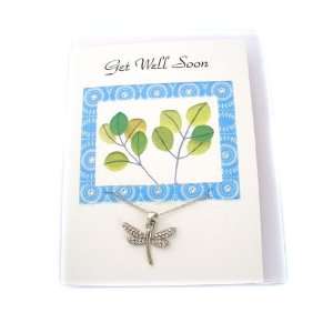 Fashion Jewelry ~ Get Well Soon Message Card with Silvertone Dragonfly 