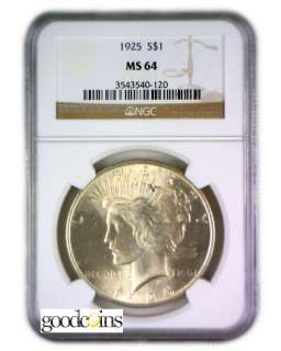 1925 $1 Peace Silver Dollar NGC MS64  