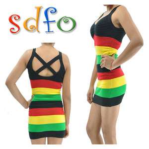 New Rasta Knit Dress   Sexy Jamaica Reggae Rasta Cross Back Mini Dress 