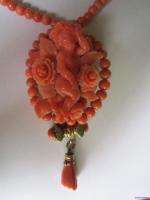 Antique Victorian Carved CORAL CHERUB ROSES PENDANT Necklace Italy 10K 