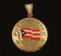 14k Yellow Gold Puerto Rico Flag Round Pendant Charm  