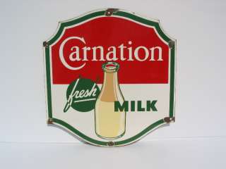 old Porcelain Carnation EARLY BOTTLE Dairy Milk Country Store Sign NO 