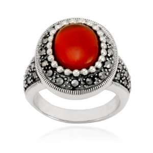  Sterling Silver Marcasite and Oval Carnelian Ring, Size 5 