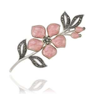   Sterling Silver Marcasite and Pink Enamel Flower and Leaves Pin