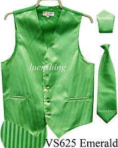 New Mens stripes tuxedo vest waistcoat & necktie & hankie set emerald 