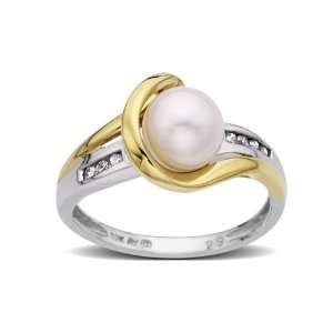    Freshwater Pearl Ring in 14K Two Tone Gold with Diamonds: Jewelry