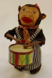 Vintage Monkey Tin Litho Drum Windup Toy c 1940 w/ Box  