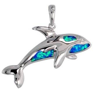 Sterling Silver Killer Whale Pendant, Inlaid w/ Lab Opal 1 1/4 (32 mm 