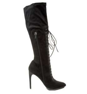 NIB New BEBE Black HONOR Faux Suede Knee High LACE UP Platform Boots 