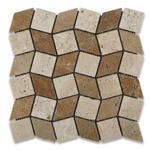  Ivory and Noce Travertine Tumbled Wave Mosaic Tile   6 X 