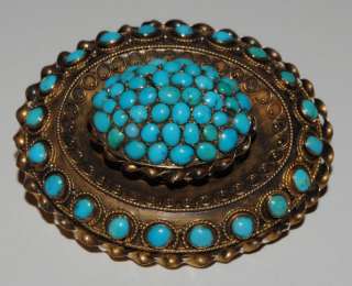 ANTIQUE TURQUOISE GOLD ETRUSCAN BROOCH  
