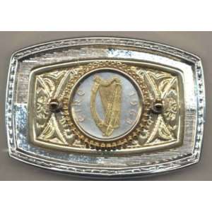   Silver World Coin Belt Buckle   Irish Penny Harp (Half dollar size