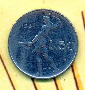 1965 L.50 R Lire Republica Italia, Italy, Italian, coin, old currency 