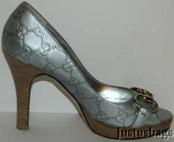 Gucci Silver Leather Monogram Horsebit Peep Toe Heels Platforms 5.5 