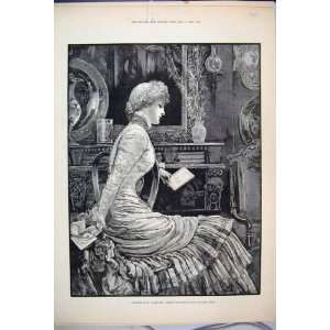   1883 Valentine Woman Reading Beautiful Victorian Print