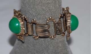 Vintage Ornate Gold & Green Round Lucite Wide Bracelet  