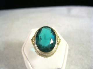   LARGE 14K WHITE & YELLOW GOLD FILIGREE OVAL FACETED GREEN STONE RING
