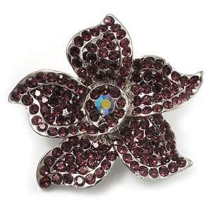  Small Violet Diamante Flower Brooch (Silver Tone): Jewelry