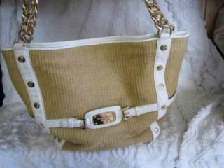 Michael Kors Wicker and White Leather and Gold Chain Handbag  