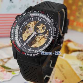 New Fashion Wrist Watch Automatic Mechanical Rubber Gold Skeleton Mens 