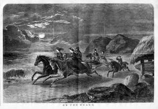 WOMEN AND GENTLEMAN RIDING HORSES ON THE BEACH, ANTIQUE  