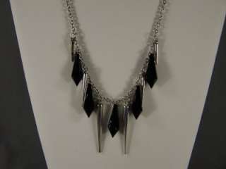 Antiqued Silver tone black faceted beads Spike long 27 chain necklace 