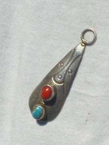 VINTAGE STERLING SILVER TURQUOISE CORAL PENDANT  
