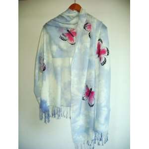   Shawl Hand Painting Red Butterfly on Mottled Sky   40% Discount