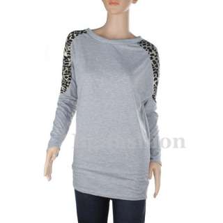   Batwing Long Sleeve Top Leopard Cotton T Shirt Round Neck 3 COLORS S M