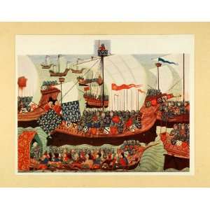   French English Warship War   Orig. Hand Tipped Print