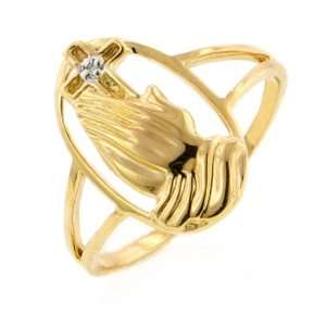   10k Yellow Gold Praying Hands Ring w/ Diamond Accent, Size 8: Jewelry
