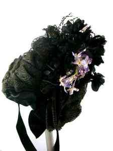 Antique Hat Bonnet 1870s Flowers, Lace  
