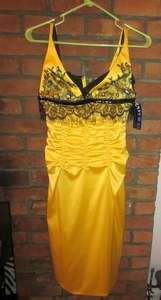 NEW MANDALAY yellow ruched dress w lace leather and sequins sz 4 *Free 