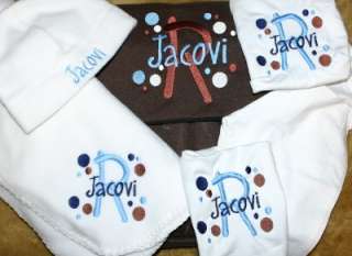 Personalized Baby Gift Blanket, Hat, Bib, outfit set  