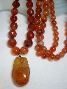 Long Carnelian Agate Carved Pendant & Faceted Graduated Bead Necklace 