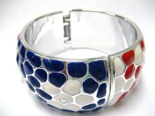   White Blue Patrotic Heart Painted Wide Bangle New 2.5 Dia w/ Gift Bag
