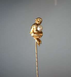Beautiful Art Nouveau Mythology 14K Gold Pearl Faun Pin  