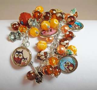 owl,altered art,charm bracelet,retro,porcelain,brown,orange,owl bell 