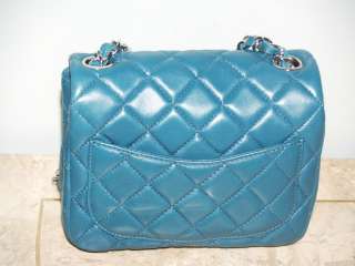 AUTH. CHANEL BLUE LAMBSKIN QUILTED MINI CLASSIC FLAP BAG PURSE  