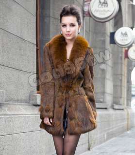 100% Real Genuine Rabbit Fur Fox Collar Long Coat Jacket Outwear 