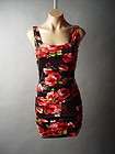 Black Exotic Red Spanish Rose Floral Print Fitted Body Con Party Tank 