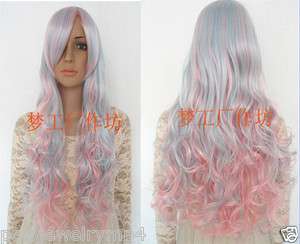 2012 Fashion Cosplay Long Baby blue & Pink Mixed curly heat resistant 